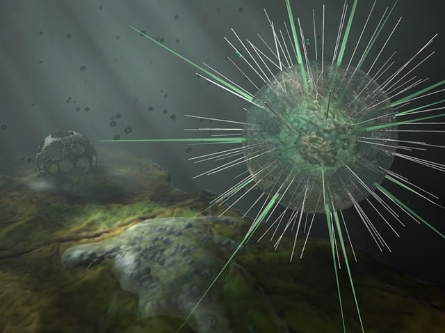 imagen de una ameba con el mar como fondo